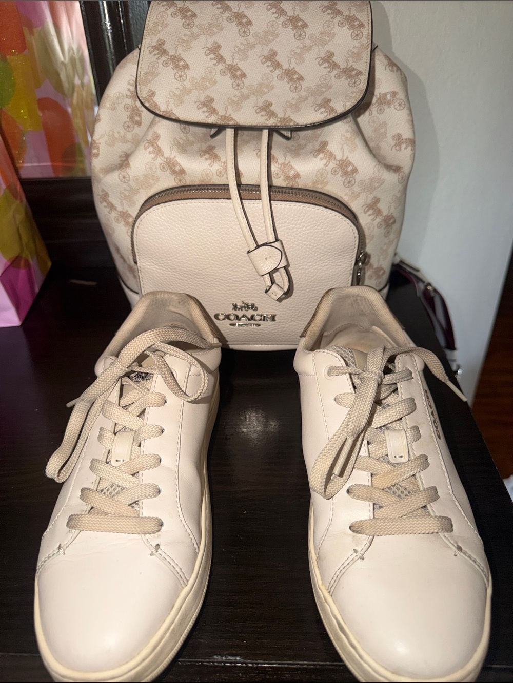 Coach Signature Print Cream Backpack - Picture 7 of 8